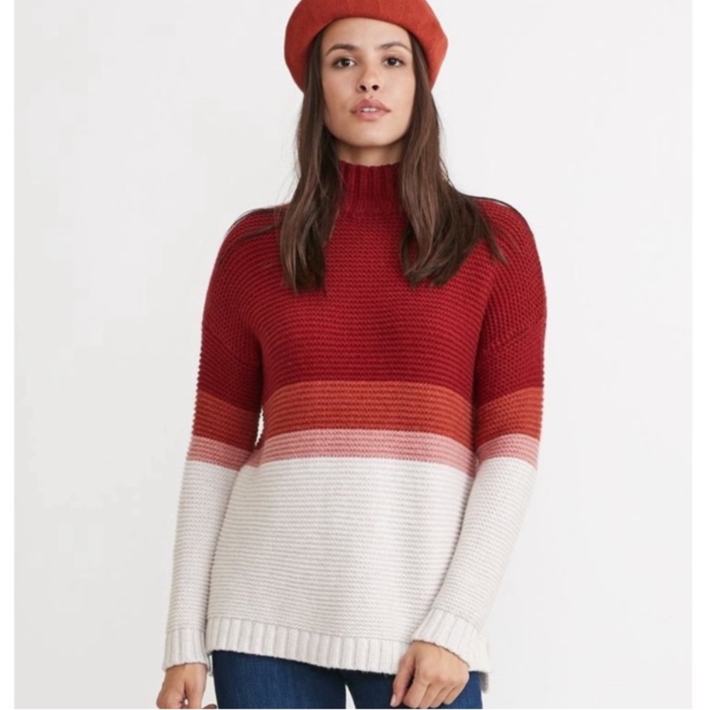 Marine Layer Remi Warm Red Multi Stripe Cotton Merino Wool Mock Neck Sweater